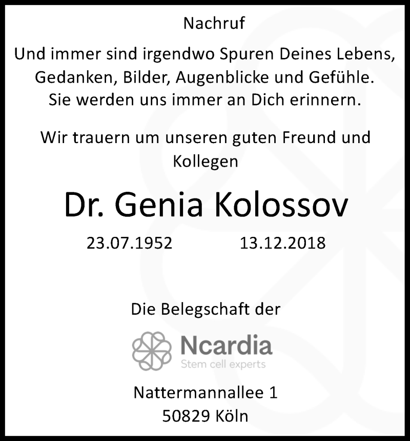  Traueranzeige für Genia Kolossov vom 09.01.2019 aus Kölner Stadt-Anzeiger / Kölnische Rundschau / Express