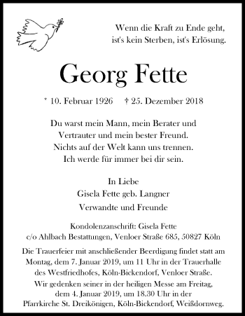 Anzeige von Georg Fette von Kölner Stadt-Anzeiger / Kölnische Rundschau / Express