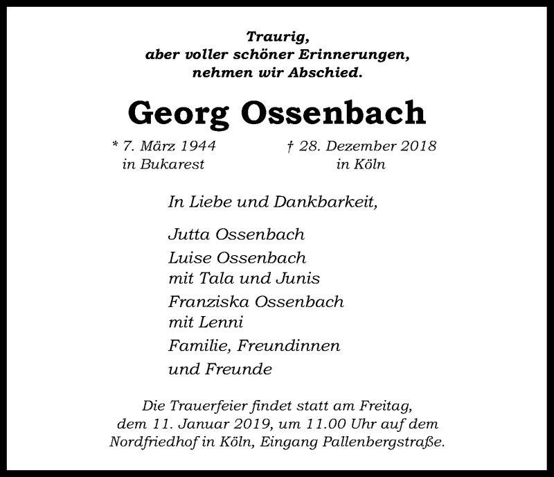  Traueranzeige für Georg Ossenbach vom 05.01.2019 aus Kölner Stadt-Anzeiger / Kölnische Rundschau / Express