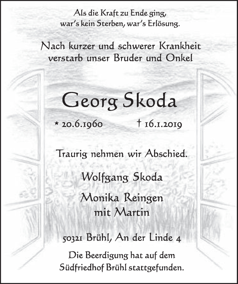  Traueranzeige für Georg Skoda vom 30.01.2019 aus  Schlossbote/Werbekurier 