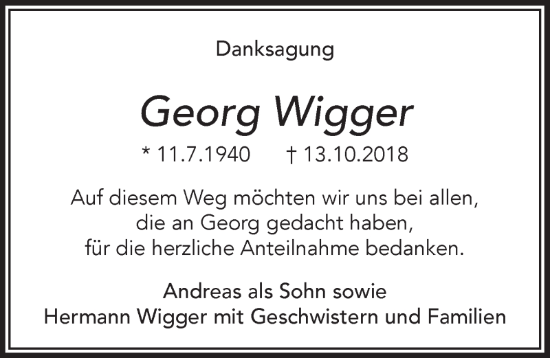  Traueranzeige für Georg Wigger vom 16.01.2019 aus  Anzeigen Echo 