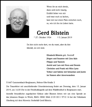 Anzeige von Gerd Bilstein von Kölner Stadt-Anzeiger / Kölnische Rundschau / Express
