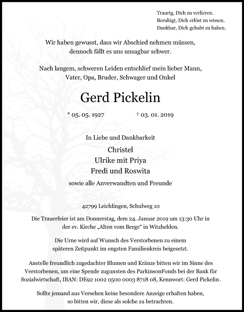  Traueranzeige für Gerd Pickelin vom 19.01.2019 aus Kölner Stadt-Anzeiger / Kölnische Rundschau / Express