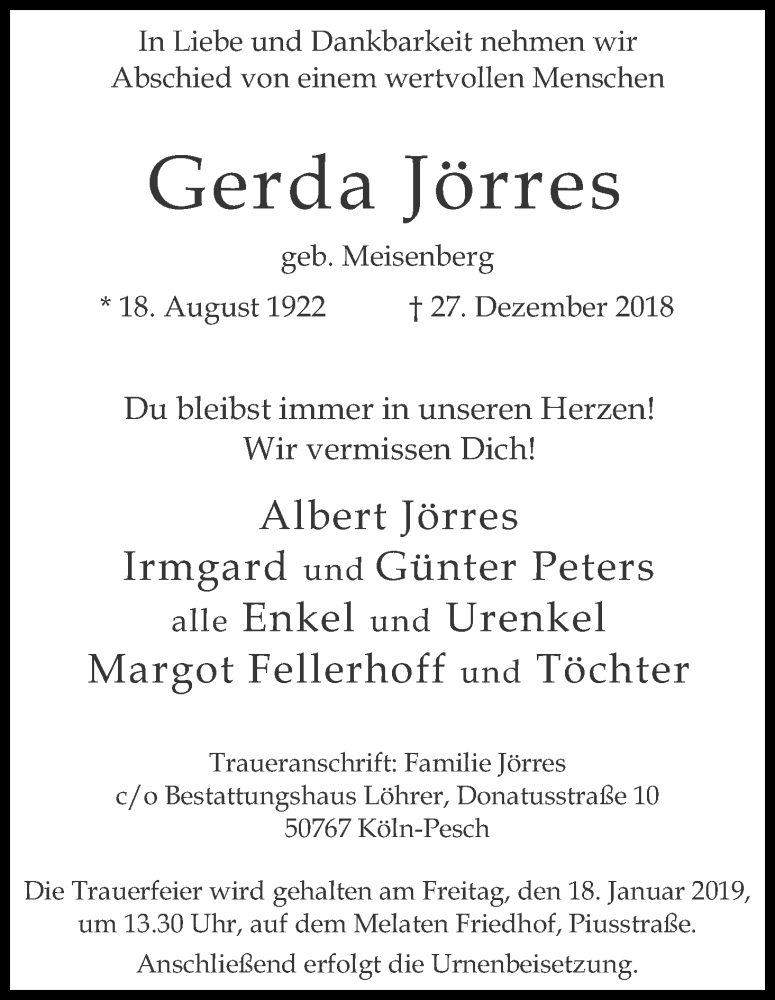  Traueranzeige für Gerda Jörres vom 16.01.2019 aus Kölner Stadt-Anzeiger / Kölnische Rundschau / Express