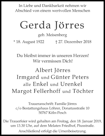 Anzeige von Gerda Jörres von Kölner Stadt-Anzeiger / Kölnische Rundschau / Express