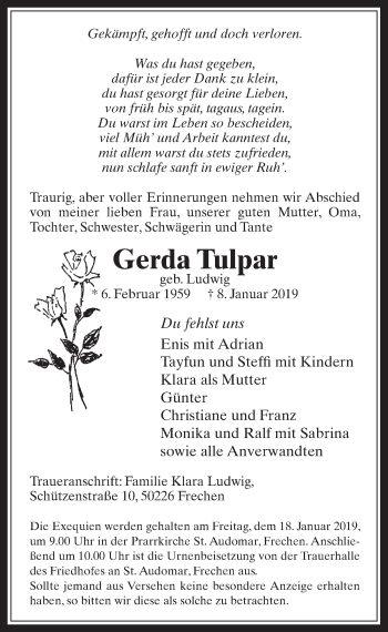 Anzeige von Gerda Tulpar von  Wochenende 