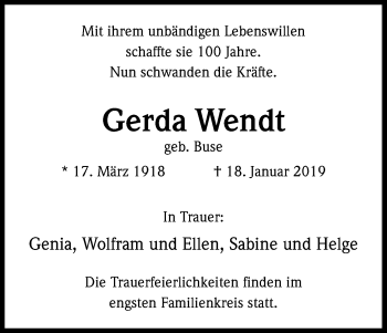 Anzeige von Gerda Wendt von Kölner Stadt-Anzeiger / Kölnische Rundschau / Express