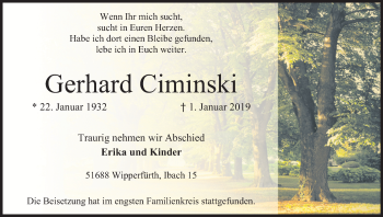 Anzeige von Gerhard Ciminski von Kölner Stadt-Anzeiger / Kölnische Rundschau / Express