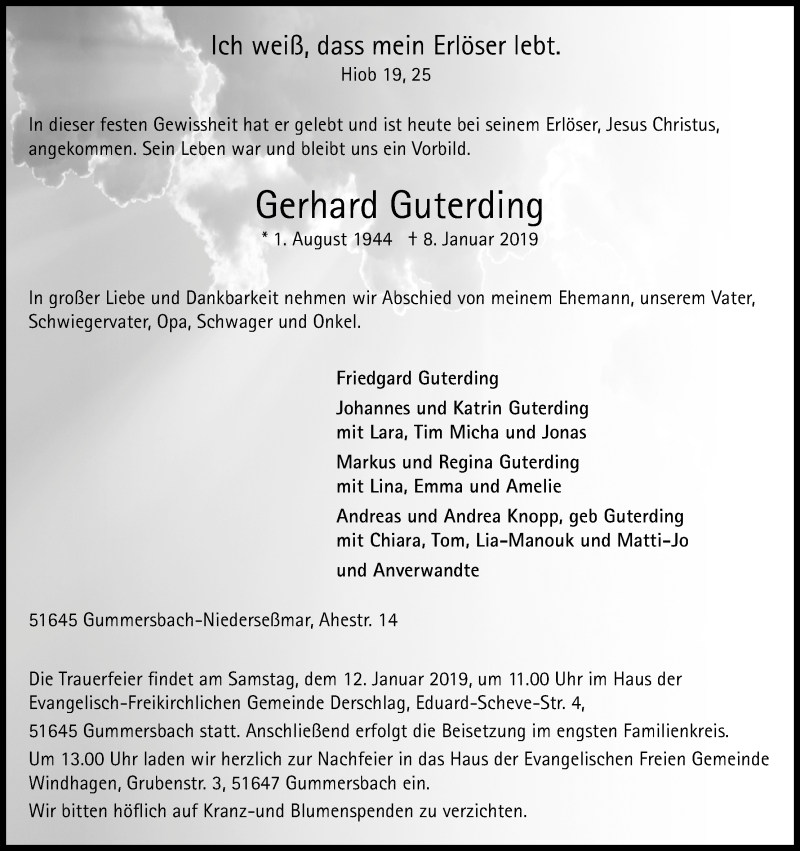  Traueranzeige für Gerhard Guterding vom 10.01.2019 aus Kölner Stadt-Anzeiger / Kölnische Rundschau / Express