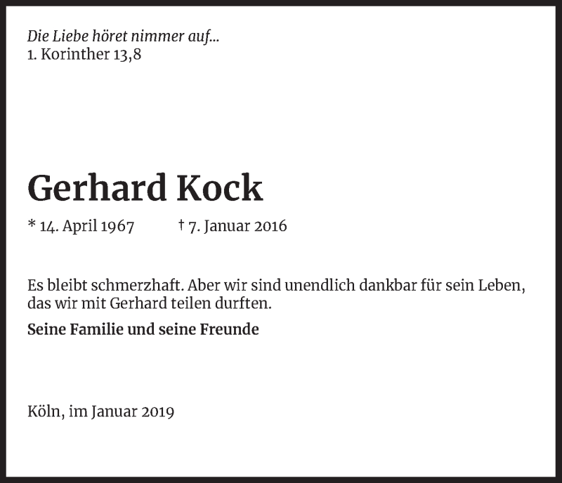  Traueranzeige für Gerhard  Kock vom 05.01.2019 aus Kölner Stadt-Anzeiger / Kölnische Rundschau / Express