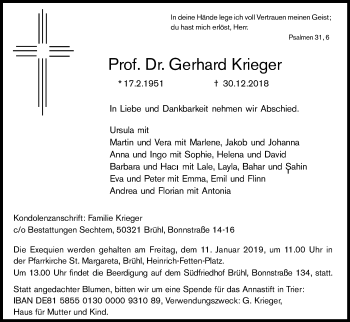 Anzeige von Gerhard Krieger von Kölner Stadt-Anzeiger / Kölnische Rundschau / Express