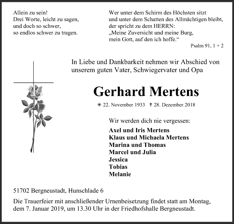  Traueranzeige für Gerhard Mertens vom 03.01.2019 aus Kölner Stadt-Anzeiger / Kölnische Rundschau / Express