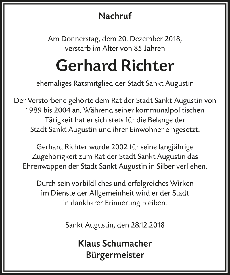  Traueranzeige für Gerhard Richter vom 09.01.2019 aus  Extra Blatt 