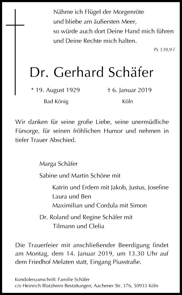  Traueranzeige für Gerhard Schäfer vom 11.01.2019 aus Kölner Stadt-Anzeiger / Kölnische Rundschau / Express