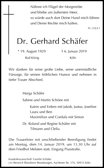 Anzeige von Gerhard Schäfer von Kölner Stadt-Anzeiger / Kölnische Rundschau / Express