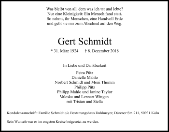 Anzeige von Gert Schmidt von Kölner Stadt-Anzeiger / Kölnische Rundschau / Express