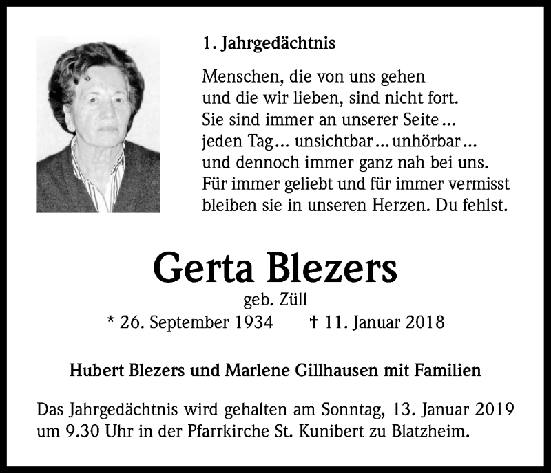  Traueranzeige für Gerta Blezers vom 05.01.2019 aus Kölner Stadt-Anzeiger / Kölnische Rundschau / Express
