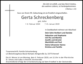 Anzeige von Gerta Schreckenberg von Kölner Stadt-Anzeiger / Kölnische Rundschau / Express