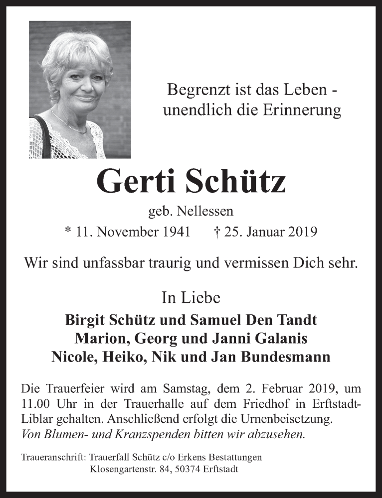  Traueranzeige für Gerti Schütz vom 30.01.2019 aus  Werbepost 