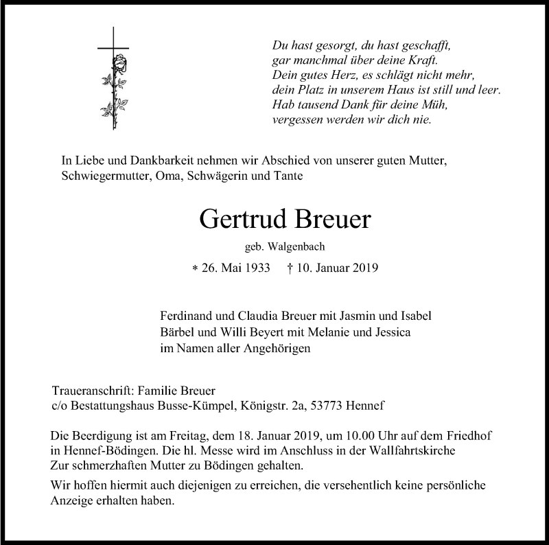  Traueranzeige für Gertrud Breuer vom 15.01.2019 aus Kölner Stadt-Anzeiger / Kölnische Rundschau / Express