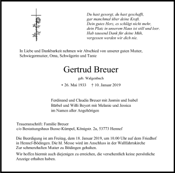 Anzeige von Gertrud Breuer von Kölner Stadt-Anzeiger / Kölnische Rundschau / Express