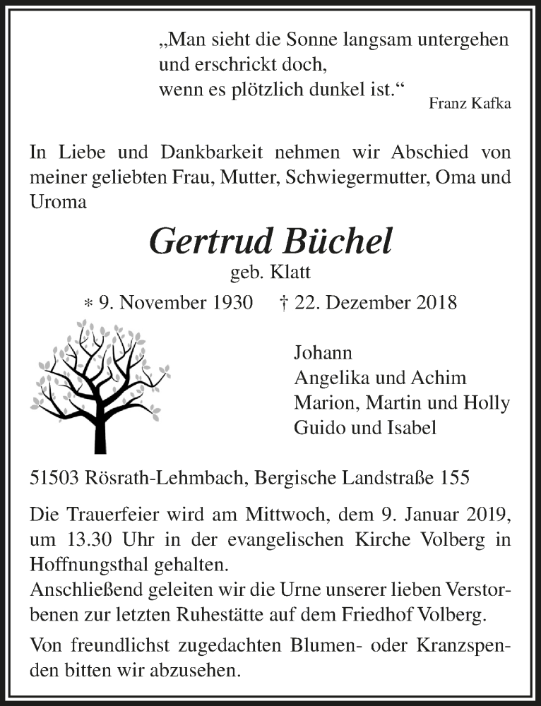  Traueranzeige für Gertrud Büchel vom 05.01.2019 aus  Bergisches Sonntagsblatt 