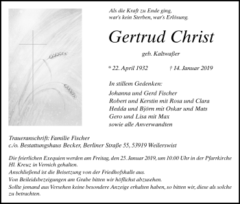 Anzeige von Gertrud Christ von Kölner Stadt-Anzeiger / Kölnische Rundschau / Express