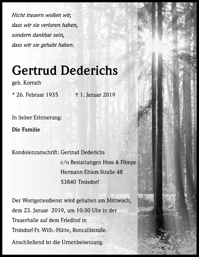  Traueranzeige für Gertrud Dederichs vom 05.01.2019 aus Kölner Stadt-Anzeiger / Kölnische Rundschau / Express