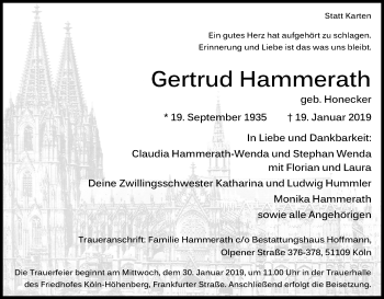 Anzeige von Gertrud Hammerath von Kölner Stadt-Anzeiger / Kölnische Rundschau / Express