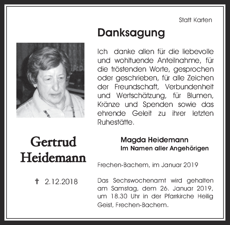  Traueranzeige für Gertrud Heidemann vom 16.01.2019 aus  Wochenende 