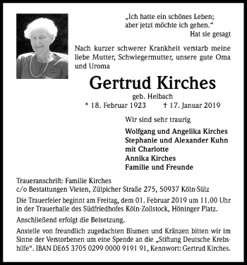 Anzeige von Gertrud Kirches von Kölner Stadt-Anzeiger / Kölnische Rundschau / Express