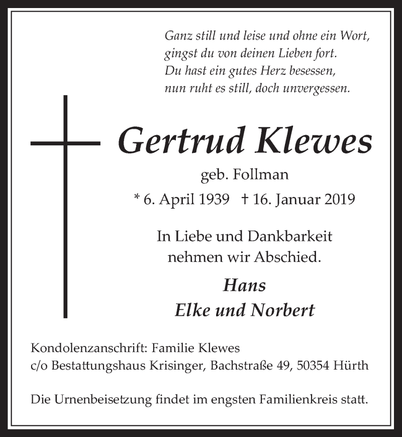  Traueranzeige für Gertrud Klewes vom 23.01.2019 aus  Wochenende 