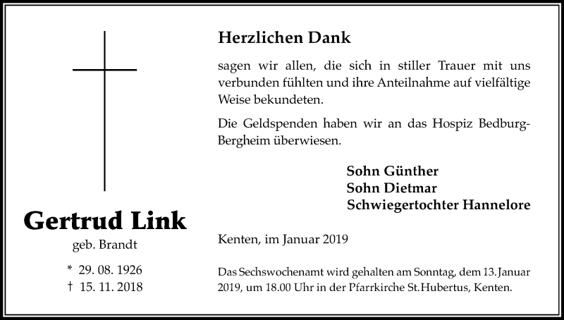  Traueranzeige für Gertrud Link vom 11.01.2019 aus Kölner Stadt-Anzeiger / Kölnische Rundschau / Express