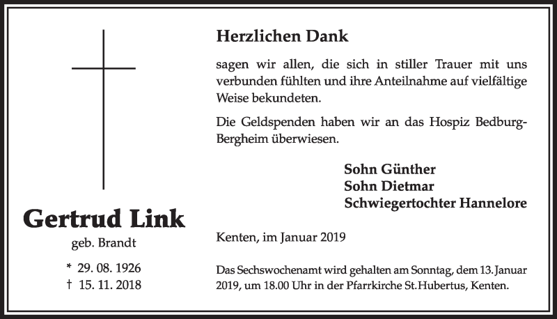  Traueranzeige für Gertrud Link vom 05.01.2019 aus  Sonntags-Post 