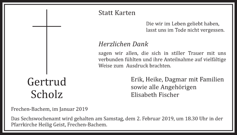  Traueranzeige für Gertrud Scholz vom 26.01.2019 aus  Sonntags-Post 