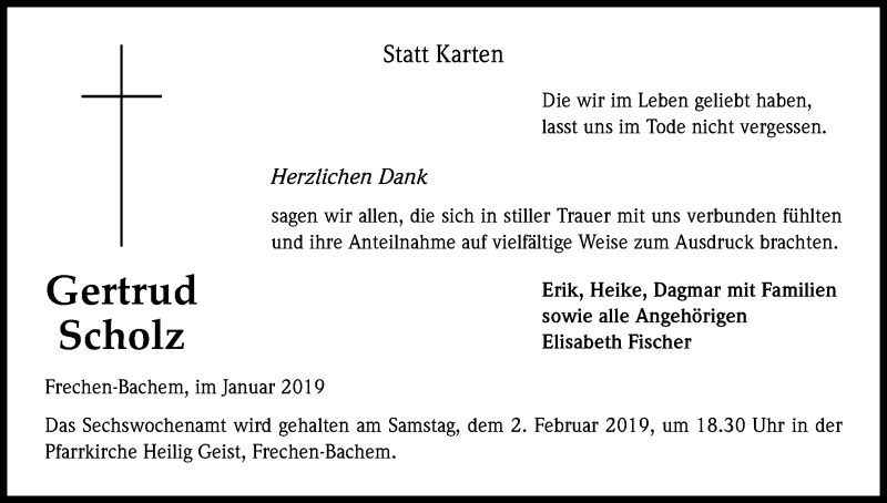  Traueranzeige für Gertrud Scholz vom 26.01.2019 aus Kölner Stadt-Anzeiger / Kölnische Rundschau / Express