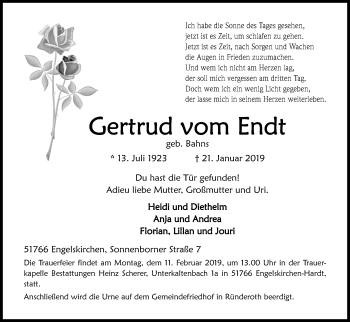 Anzeige von Gertrud vom Endt von Kölner Stadt-Anzeiger / Kölnische Rundschau / Express