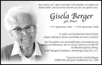 Anzeige von Gisela Berger von  Bergisches Sonntagsblatt 