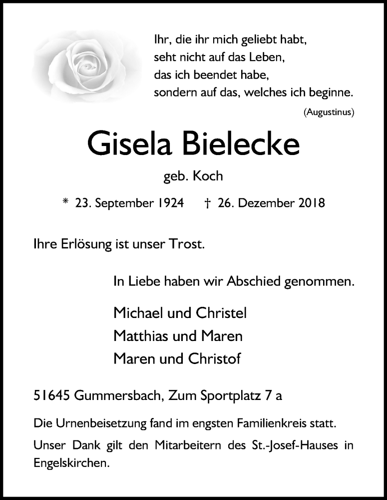  Traueranzeige für Gisela Bielecke vom 12.01.2019 aus Kölner Stadt-Anzeiger / Kölnische Rundschau / Express