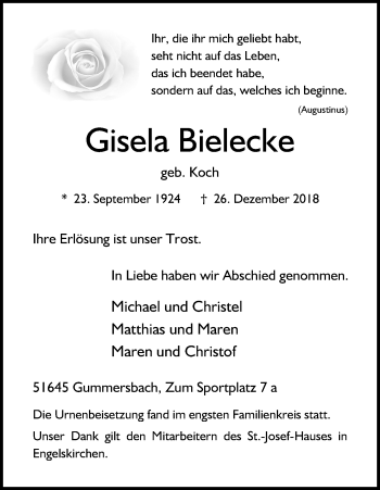 Anzeige von Gisela Bielecke von Kölner Stadt-Anzeiger / Kölnische Rundschau / Express