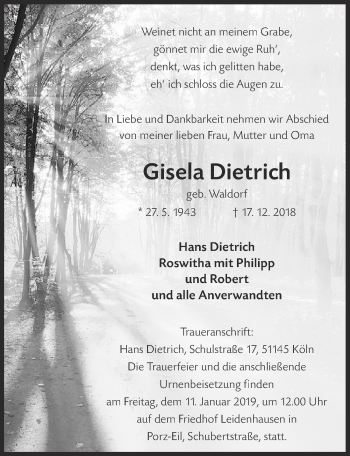 Anzeige von Gisela Dietrich von  Kölner Wochenspiegel 