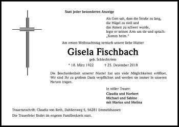 Anzeige von Gisela Fischbach von Kölner Stadt-Anzeiger / Kölnische Rundschau / Express
