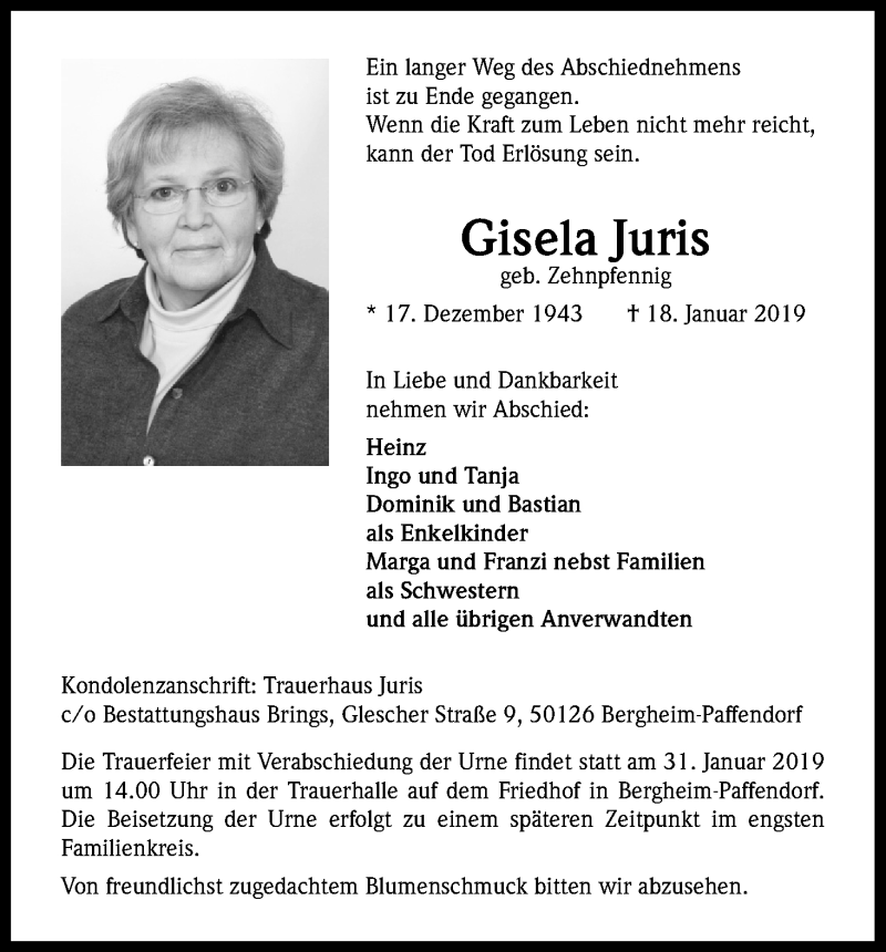 Traueranzeige für Gisela Juris vom 26.01.2019 aus Kölner Stadt-Anzeiger / Kölnische Rundschau / Express