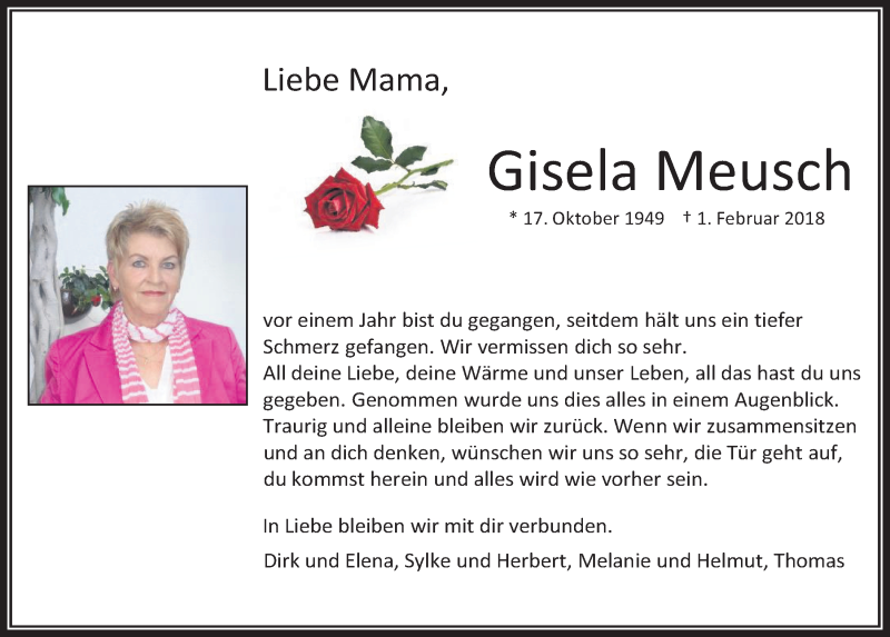  Traueranzeige für Gisela Meusch vom 30.01.2019 aus  Werbepost 