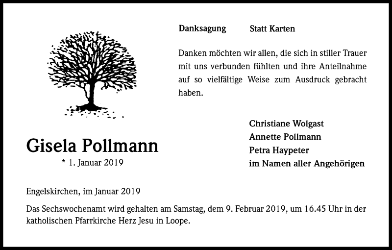  Traueranzeige für Gisela Pollmann vom 26.01.2019 aus Kölner Stadt-Anzeiger / Kölnische Rundschau / Express