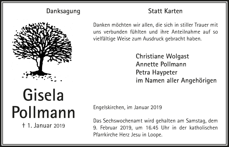  Traueranzeige für Gisela Pollmann vom 30.01.2019 aus  Anzeigen Echo 