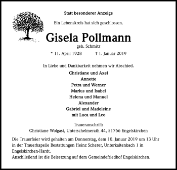 Anzeige von Gisela Pollmann von Kölner Stadt-Anzeiger / Kölnische Rundschau / Express