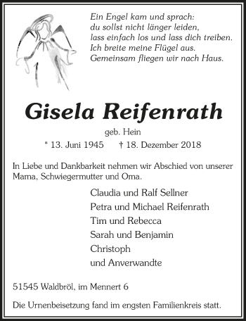 Anzeige von Gisela Reifenrath von  Lokalanzeiger 