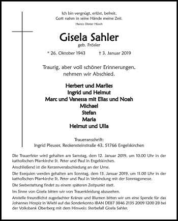 Anzeige von Gisela Sahler von Kölner Stadt-Anzeiger / Kölnische Rundschau / Express