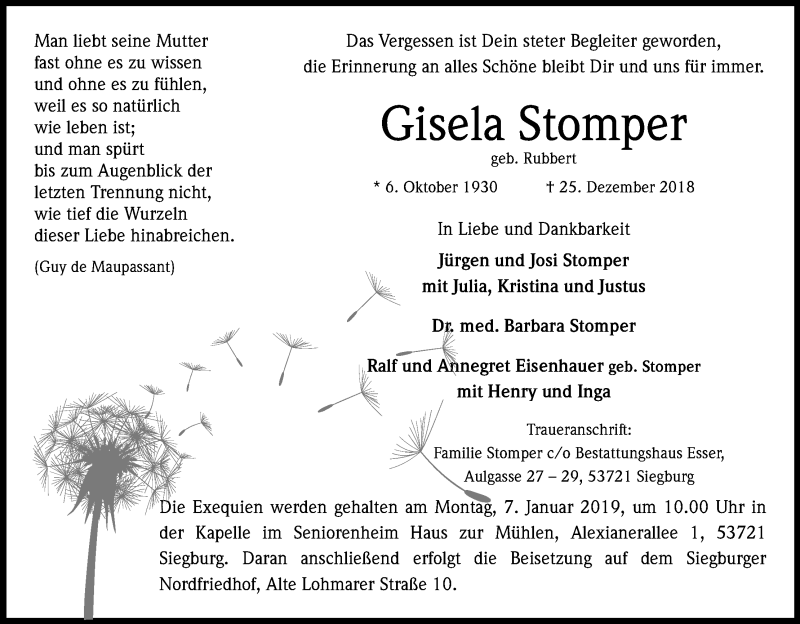  Traueranzeige für Gisela Stomper vom 03.01.2019 aus Kölner Stadt-Anzeiger / Kölnische Rundschau / Express
